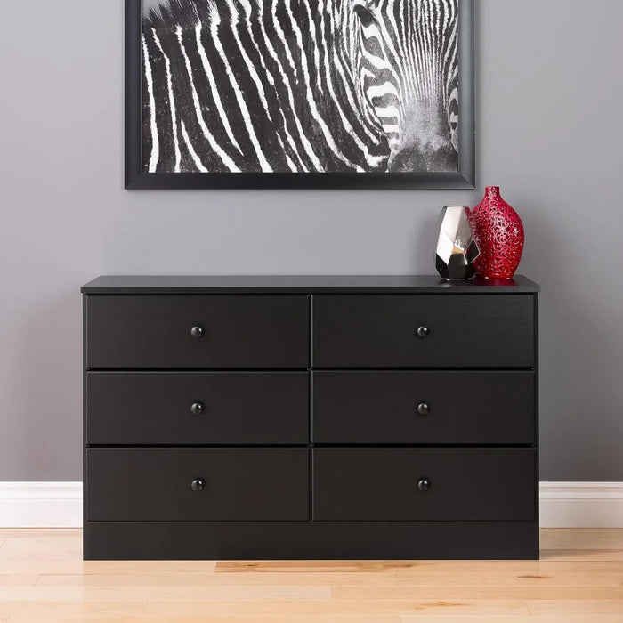 6 Drawer Double Dresser For Bedroom, 16" D x 47.25" W x 28.25" H, Black