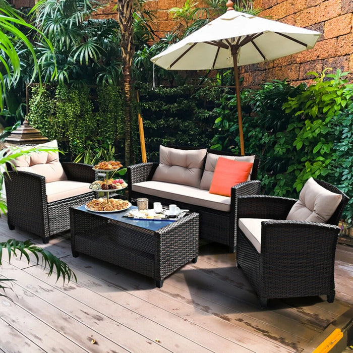 4 Pieces Patio Rattan Conversation Furniture Set with Glass Top Coffee Table Garden Outdoor Sets