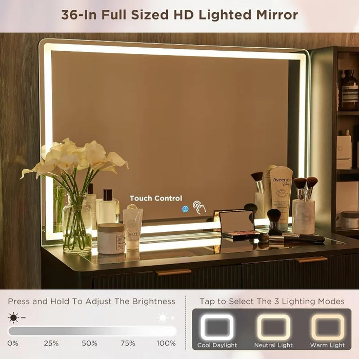 Makeup Vanity Desk with 36" HD Lighted Mirror, 48" Big Modern Vanity Desk with Mirror and Lights, Dressing Table with 5 Drawers