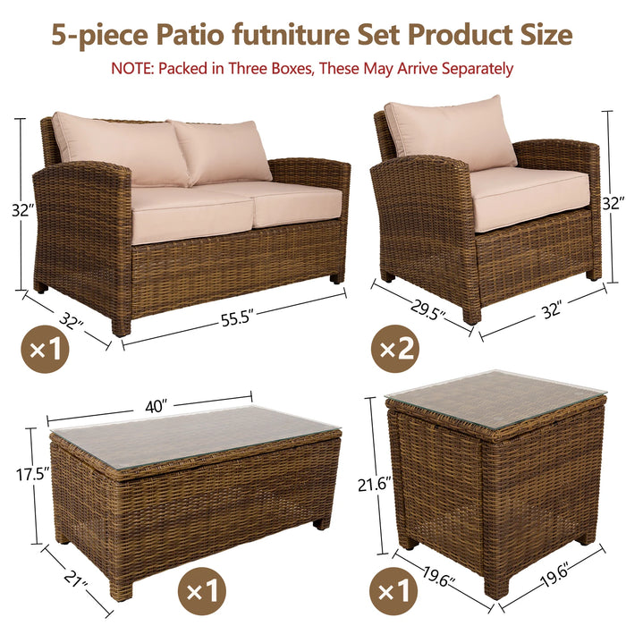 5 Pieces Patio Furniture Set Outdoor Conversation Furniture Sets with Glass Tables Soft Cushion Sectional Sofa Sets PE Rattan