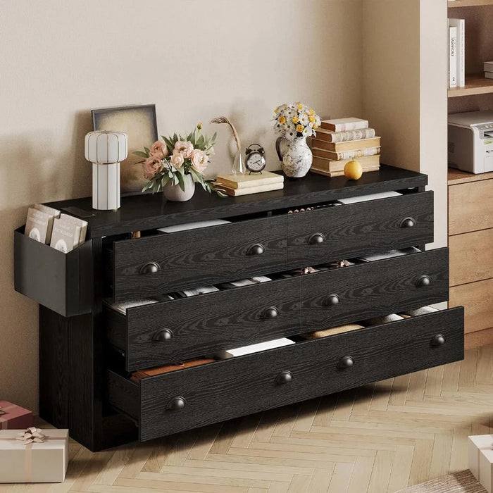 Dressing table with 6 drawers and charging station, suitable for bedroom storage box, with MDF board, black dressing table