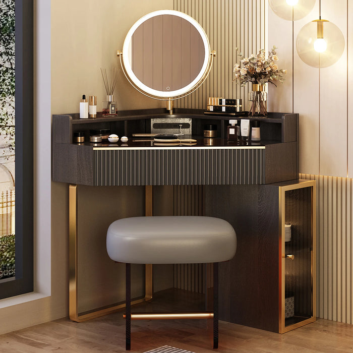 Storage dresser makeup stool set, dresser, 1 compartment storage drawer, 1 high storage storage pull cabinet, 360 ° mirror
