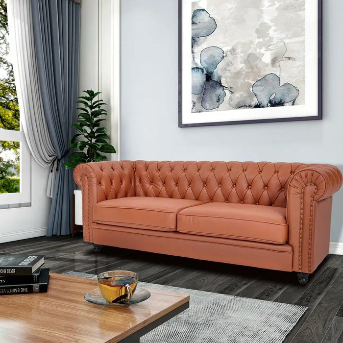 Light Brown Half Genuine Leather Chesterfield Style Sofa Couch 3-Seater With Cushions