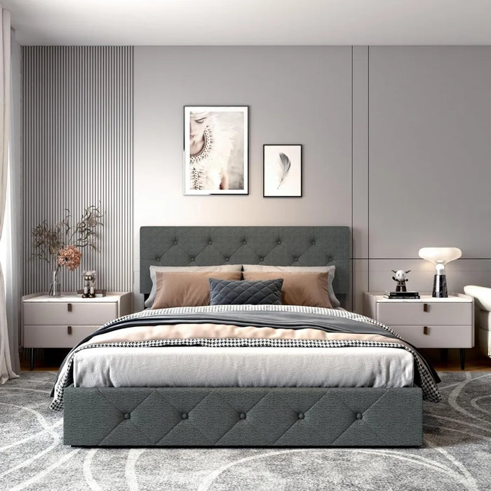 Queen-size Bed Platform with 4 Storage Drawers, Adjustable Leather Headboard, No Need for A Box Spring