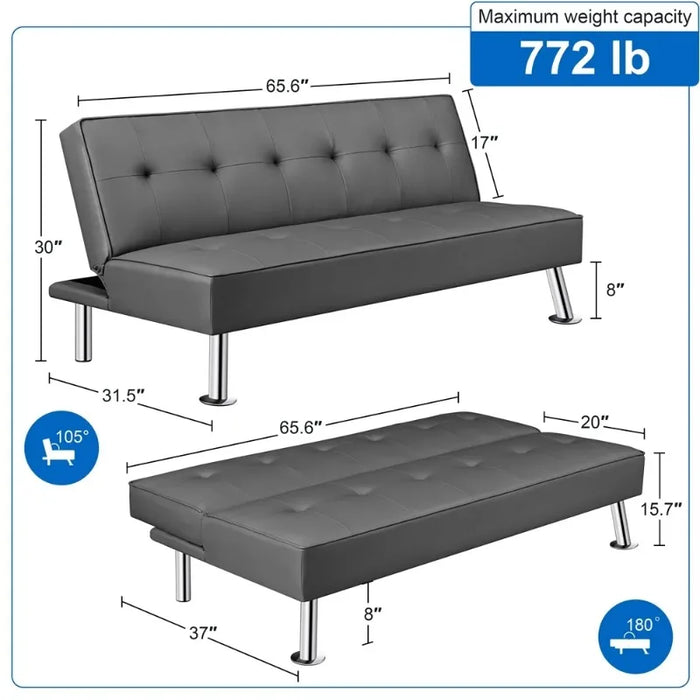 SmileMart Convertible Tufted Faux Leather Futon Sofa Bed with Chrome Metal Legs, Gray