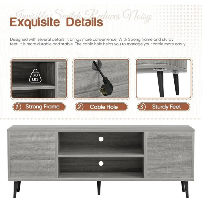 Modern TV Stand, Entertainment Center with Two Storage Cabinets, Retro Style Media Console for Living Room, 58 Inch, Light Gray