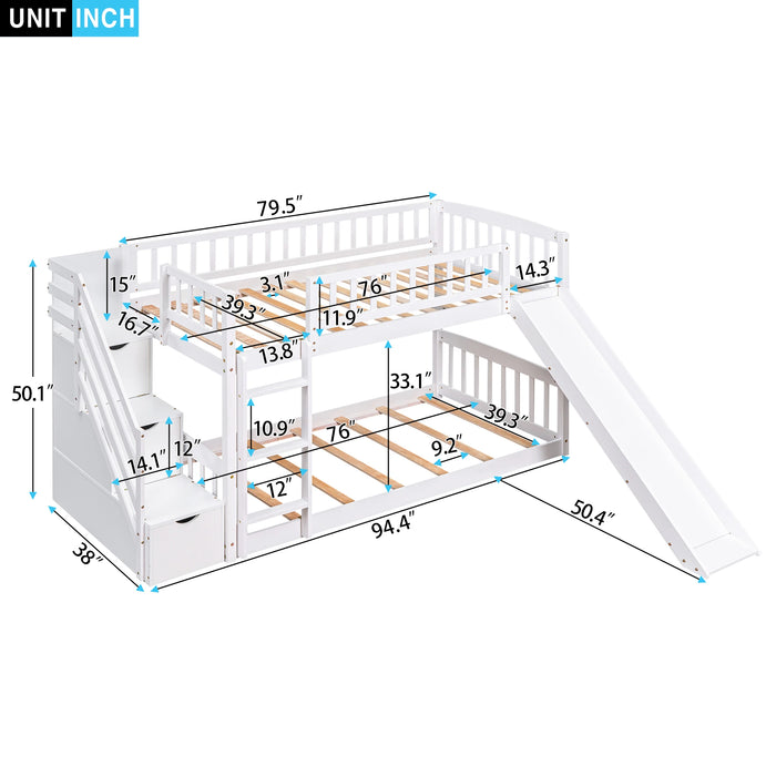 Stairway Twin over Twin Bunk Bed with Two Drawers and Slide