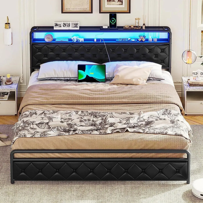 Bed Frame with Faux Leather Headboard Platform Bed, Black