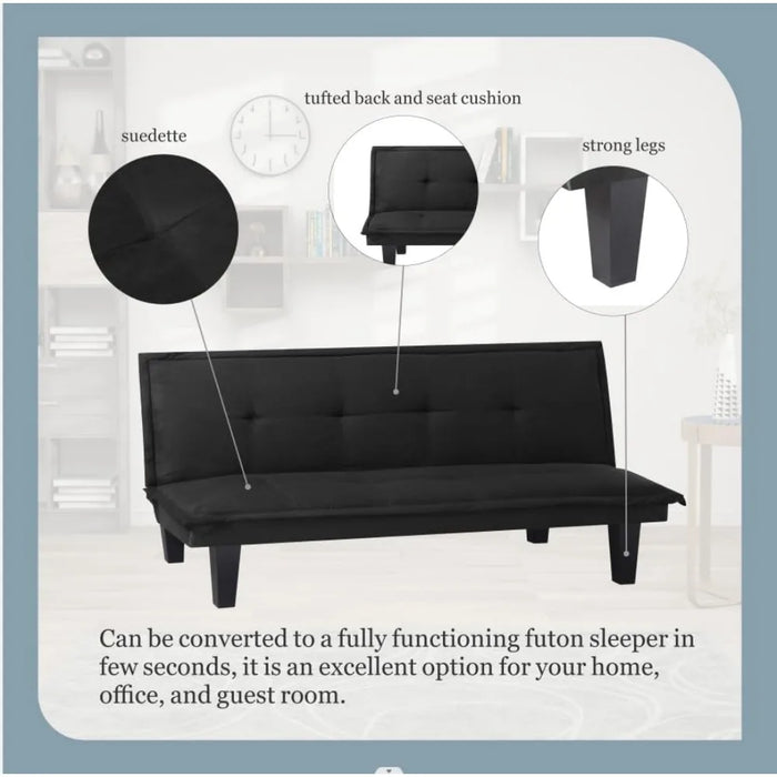 63.8” Modern Futon Bed Sofa Black Faux Suede Convertible Sofa Couch for Livingroom Freight Free Living Room Sofas Furniture Home