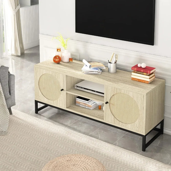 47.2'' L X 15.75'' W X 22'' H Home Furniture for Tv Rattan TV Stand Easy Assembly Rustic Oak Beige Cabinet Living Room Table