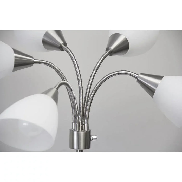 5 Light Floor Lamp, Brushed Steel, White Frosted Plastic Shade Bedroom Reading Deco Dining Room Light