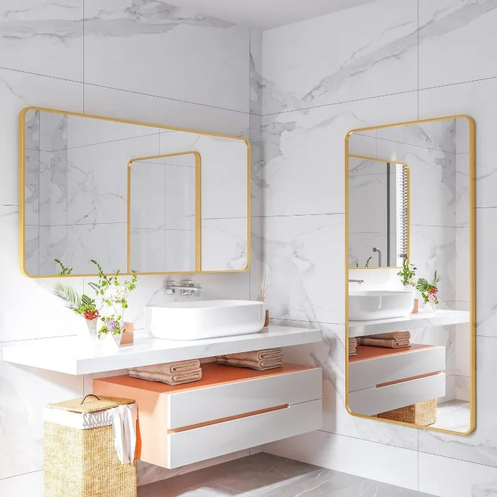 Bathroom Mirror, Rectangle Mirror Gold Wall Mounted Bathroom Vanity Mirror for Living Room Hangs Horizontally or Vertically