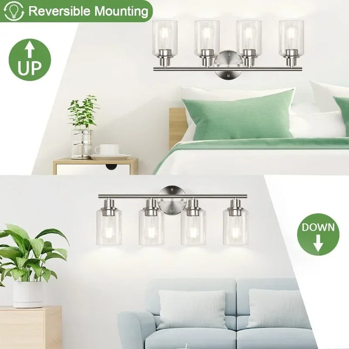4-Light Bathroom Light Fixtures, Brushed Nickel Modern Vanity Lights Over Mirror with Clear Glass Shade, Bathroom Wall Lamp for