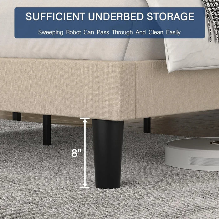 Upholstered platform bed frame with adjustable headboard, plank support, noiseless, no box spring, easy assembly