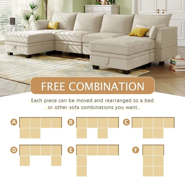 U Sectional Sofa with Storage Seat and Removable Cushions, Beige, 6 Seat Convertible Couch Sleeper Bed, Living Room Sofas
