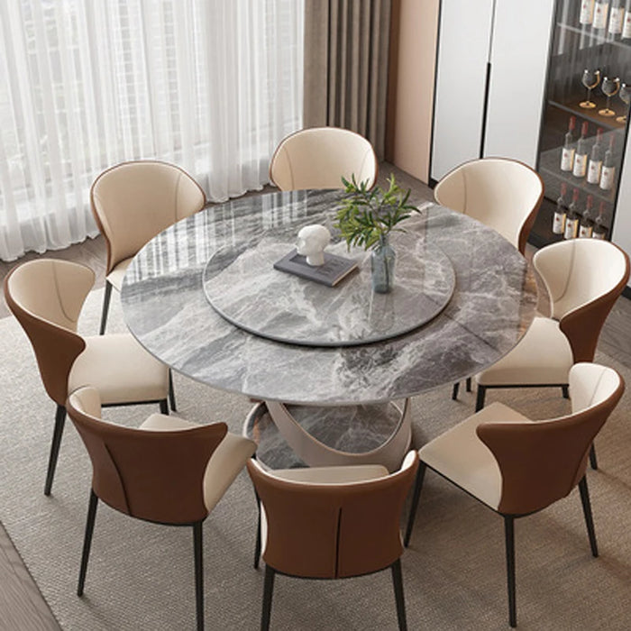 Modern simple rock plate round dining table with turntable household high-end light luxury dining table is extremely simple
