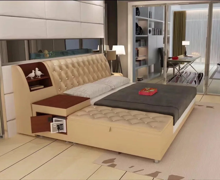 modern real genuine leather bed / soft bed/double bed king/queen size bedroom home furniture with storage box and sideboard