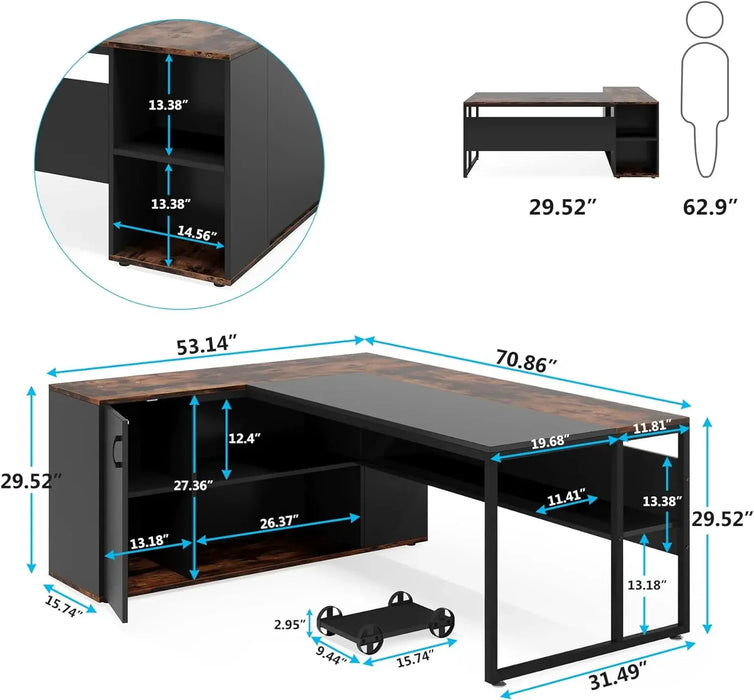 71 inch Executive Desk,L Shaped Desk with Cabinet Storage,Executive Office Desk with Shelves,Business Furniture Desk Workstation