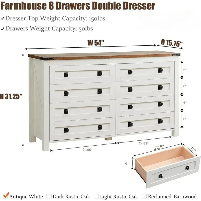 Dresser, Bedroom with 8 Drawer Dresser Cabinet, Wooden Country Wide Drawers, Storage Dresser Bedroom, Living Room, Dresser