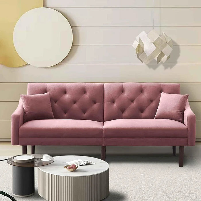 DNYN Convertible Sleeper Futon Sofa with 2 Pillows, Velvet Tufted Couch w/Metal Legs and Adjustable Backrest, for Apartment Offi