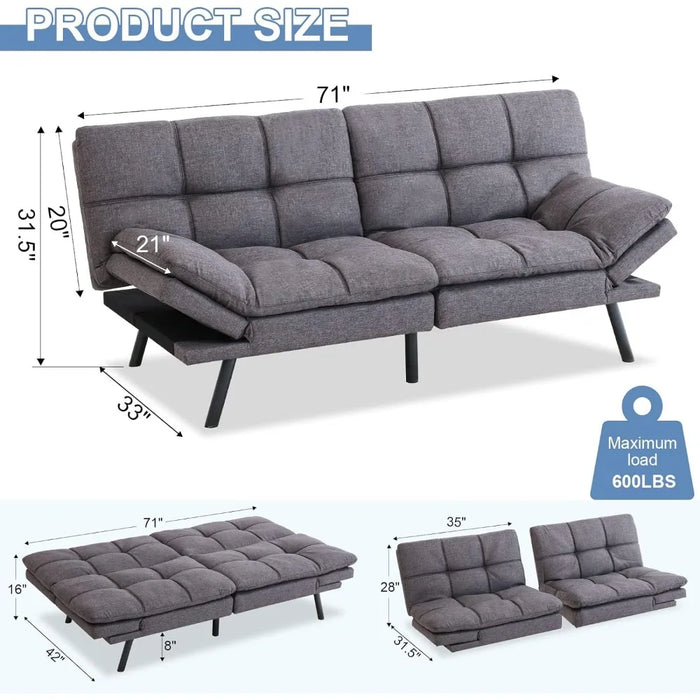 Futon Sofa Bed Memory Foam Futon Sofa Sleeper Couch,Convertible Modern Futon,w/Adjustable Armrests Backrest,Linen Fabric