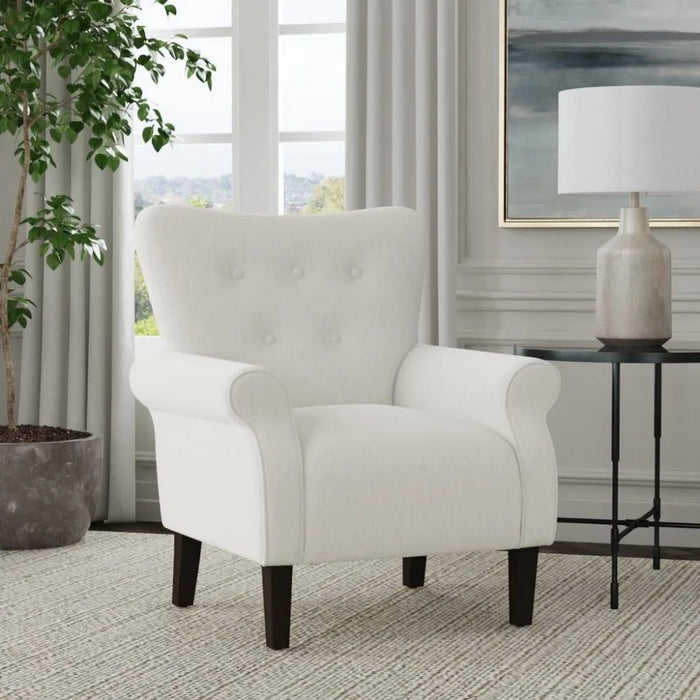 Upholstered Rolled Arm Wingback Living Room & Bedroom | Decorative Home Furniture Accent Chair Cream Solid Woven Freight Free