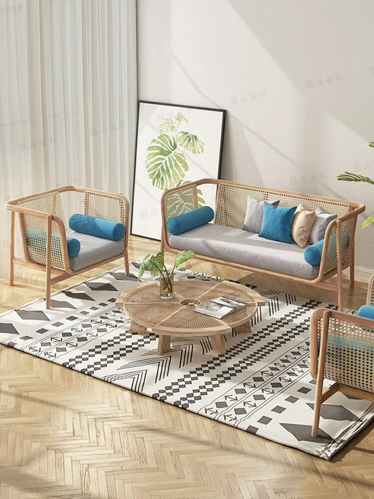 Simple and complete set of single person wooden sofa combination living room small leisure solid wood sofa rattan chair sofa