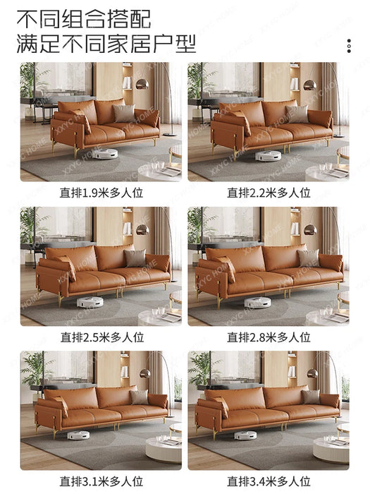 Leather Sofa Small Apartment Living Room Minimalist First Layer Cowhide Straight Seat Sofa Combination