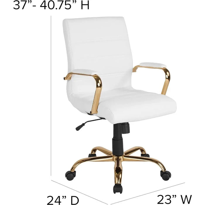 Computer Office Chair Cover Mid-Back Desk Chair - White LeatherSoft Executive Swivel Office Chair With Gold Frame Furniture