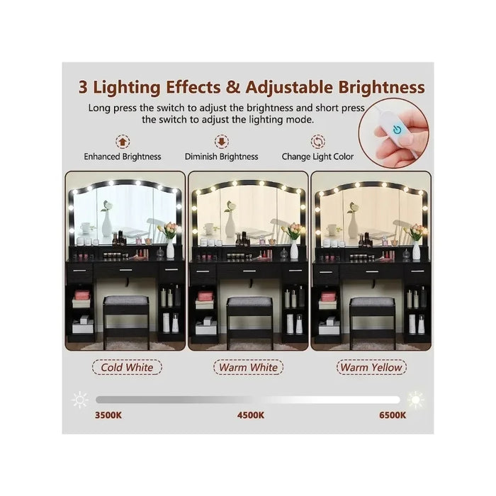 Dresser, 43.3" with Illuminated Mirrors, 10 LED Lights with 3 Drawers, 2 Cabinets and Long Storage Shelves with Stools, Dresser