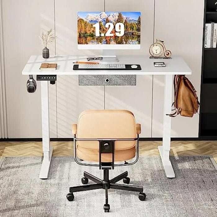 Sit Stand Desk White Frame/White Desktop Ergonomic Rising Desk Computer Workstation for Home Office
