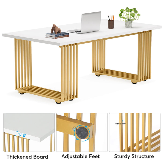 Tribesigns 70.9" Modern Office Desk, Wooden Computer Desk, White Executive Desk with Gold Metal Legs, Small Conference Table