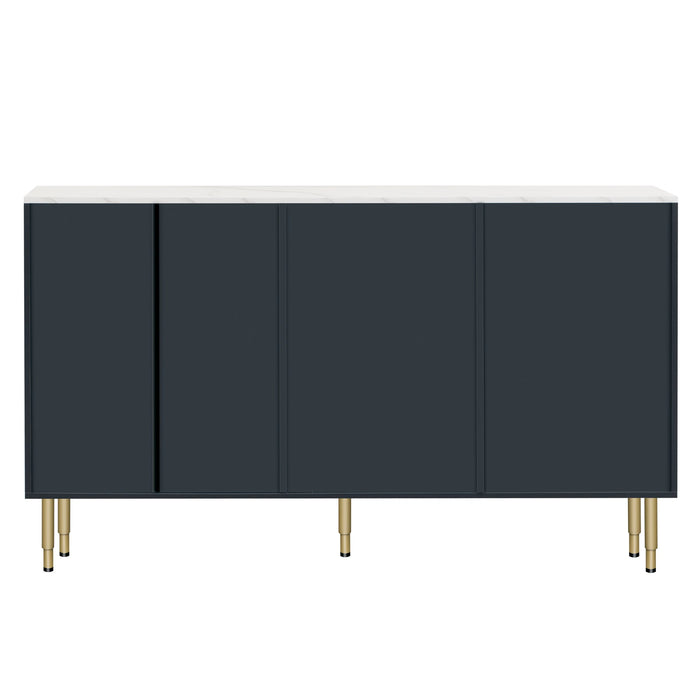 Modern Sideboard MDF Buffet Cabinet Marble Sticker Tabletop and Tempered Glass Doors with Gold Metal Legs (Navy Blue)