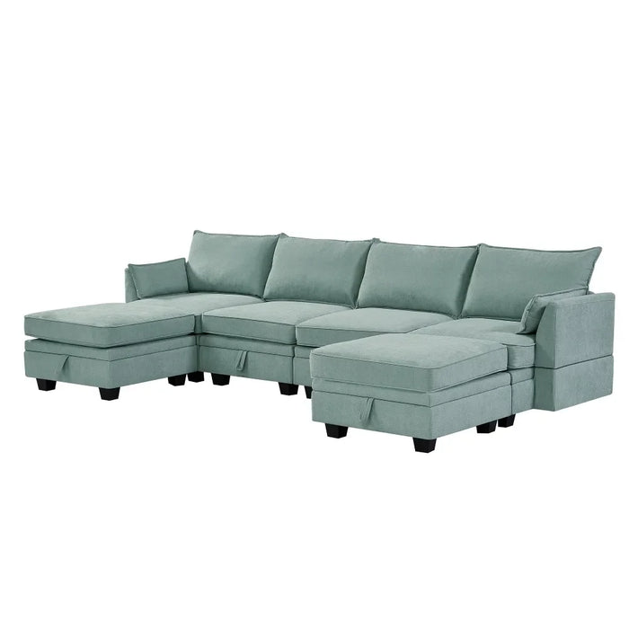 115" Large U/L Shaped Sectional Sofa with Storage Seat and Removable Cushions, Green, 6 Seat Convertible Couch Sleeper Bed