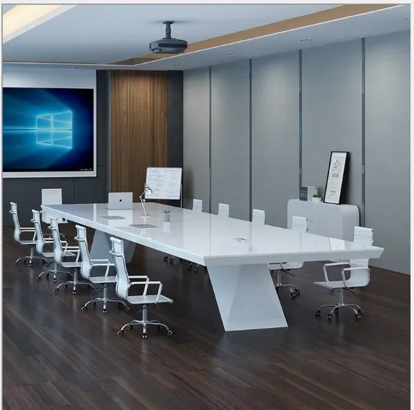 New White Lacquer Conference Table Simple Modern Large Office Table and Chair Combination Long Table Reception