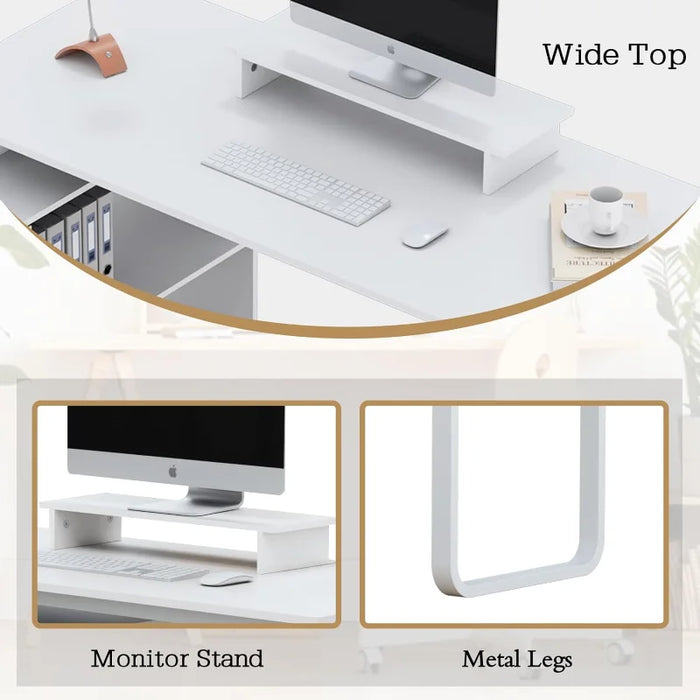 Anbuy L-Shaped Desk with Monitor Stand, Large Corner Computer Office Desk with Reversible 3 Drawers File Cabinet and Shelves