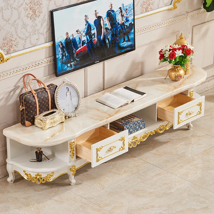 Solid Wood TV Cabinet  European Style Oval Marble Coffee Table  Floor Storage Locker Living Room Furniture