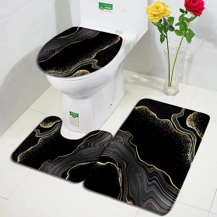 Abstract Blue Marble Bath Mats 3pcs Set Creative Gold Line Geometric Flannel Carpet Bathroom Decor Rug Non-Slip Toilet Cover Mat
