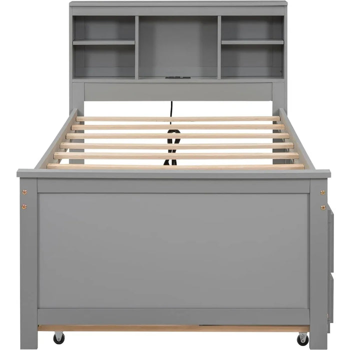 Twin platform bed with storage headboard, solid wood captain bed with twin castors, 3 drawers and USB plug
