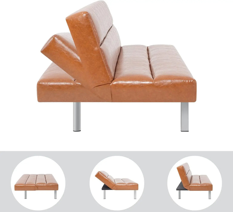 Faux Leather Classic Futon Sofa Bed, Pull Out Sofa Bed Couch with Metal Legs, Reclining Folding Small Couch Bed