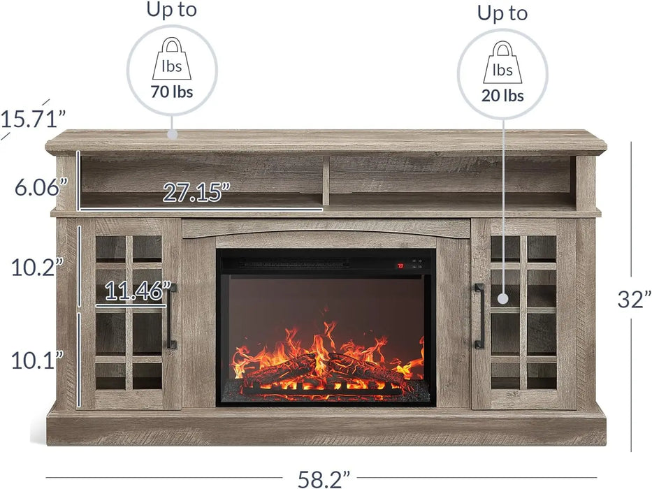 BELLEZE Traditional 58 Inch Rustic TV Stand with 23 Inch Electric Fireplace & Media Entertainment Center Console Table for