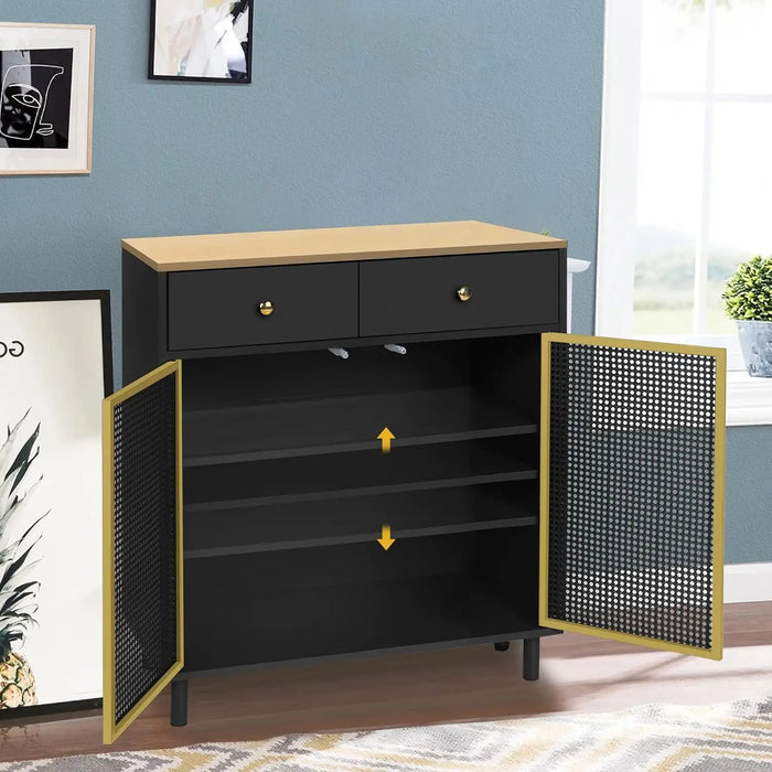 Modern Buffet Sideboard Cabinet, Iron Rattan Kitchen Accent Storage Cabinet Console Television Table with 2 Doors and 2 Drawers,