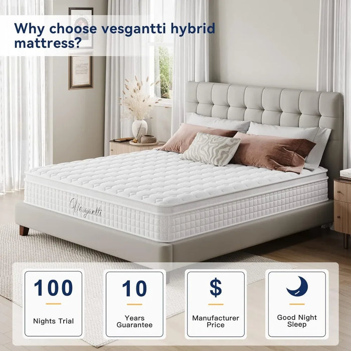 10 Inch Multi-layer Hybrid Queen Mattress, Ergonomic Design, with Memory Foam and Pocket Springs, Medium Firmness, White