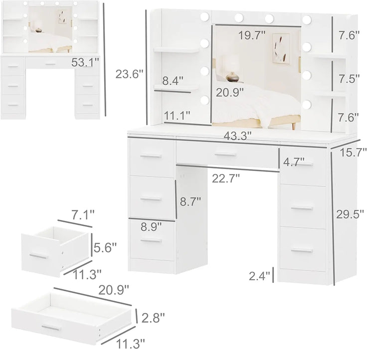 Vanity Desk, Makeup Vanity with 10 LED Lights & 7 Metal Sliding Drawers, Brightness Adjustable, Vanity Table with 6 Open