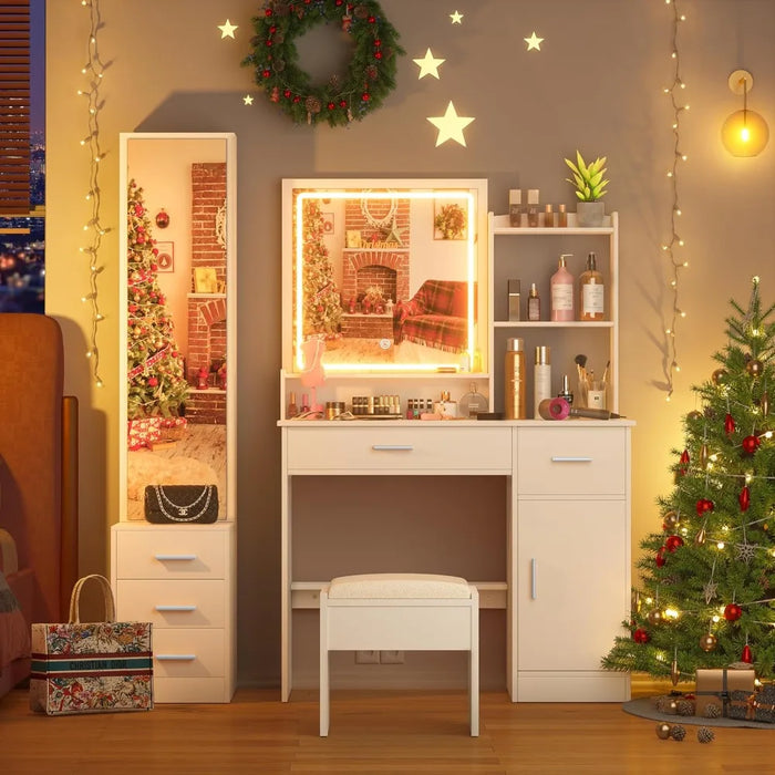 Dresser, Make-up Dresser with Illuminated Mirror, with Stool Set, with Drawer, with 3 Lighting Modes, Dresser Set
