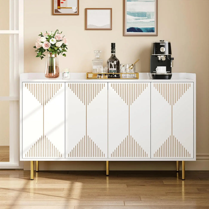 55'' Modern Sideboard Buffet Kitchen Storage Cabinet w/ Carved Design Doors, Coffee Bar Hutch Cabinet 300 lbs Capacity,White
