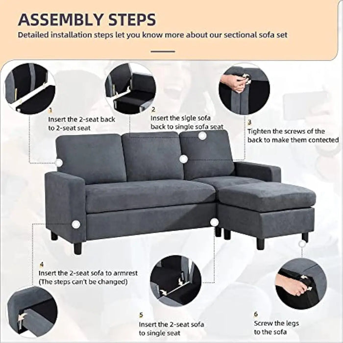 Convertible Sectional Sofa Couch, Modern Linen Fabric L-Shaped , 3-Seat Sofa Sectional with Reversible Chaise  (Dark Grey)