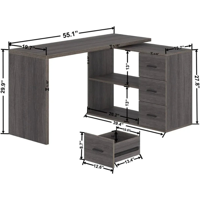 L Shaped Desk with Drawers, Shape Computer Storage Cabinet Shelves, Reversible Modern Industrial Home Office Corner Desk