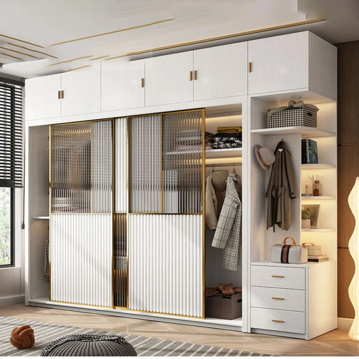 Solid wood multi-layer board, long rainbow glass sliding door, sliding wardrobe, simple modern household bedroom, large cabinet