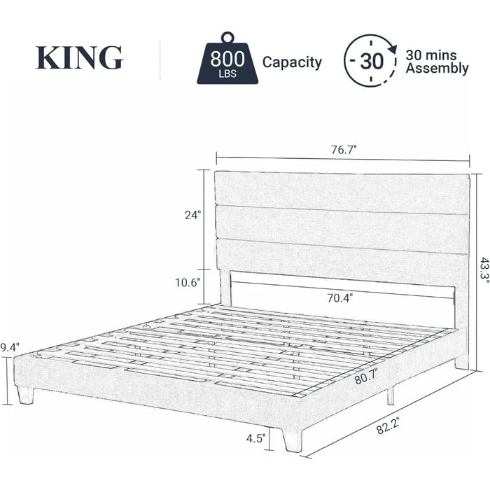 King Frame Platform Bed, Fabric upholstered headboard and wood slat support, Fully upholstered mattress base